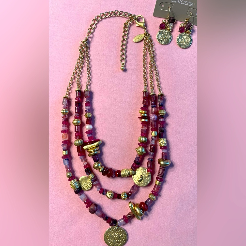 Chicos Gold & Fuchsia, 3 Strand Necklace Lavender Beads,Coins 10”Earrings 1 1/2”